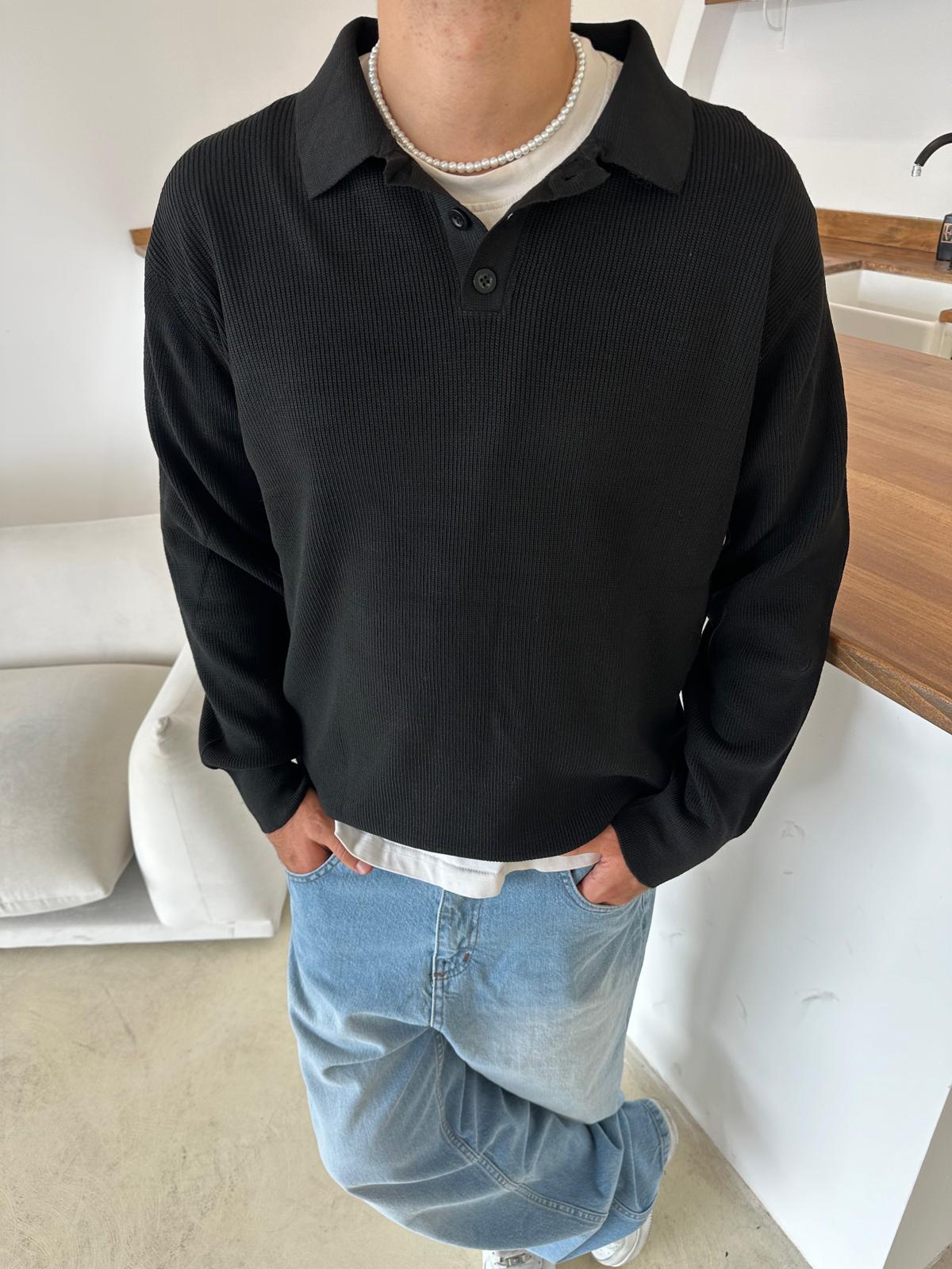 Yaka Düğmeli Triko Sweatshirt