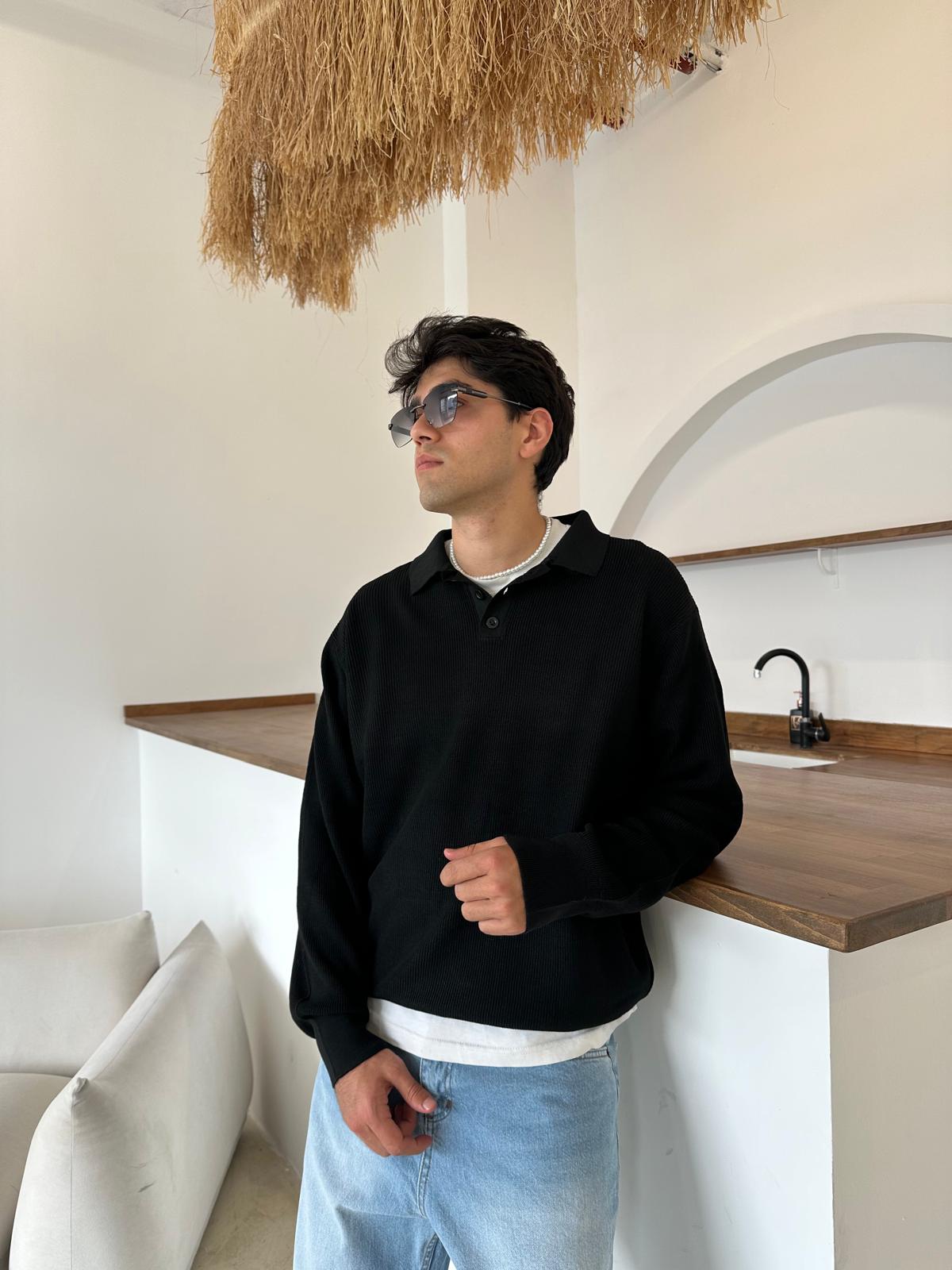 Yaka Düğmeli Triko Sweatshirt