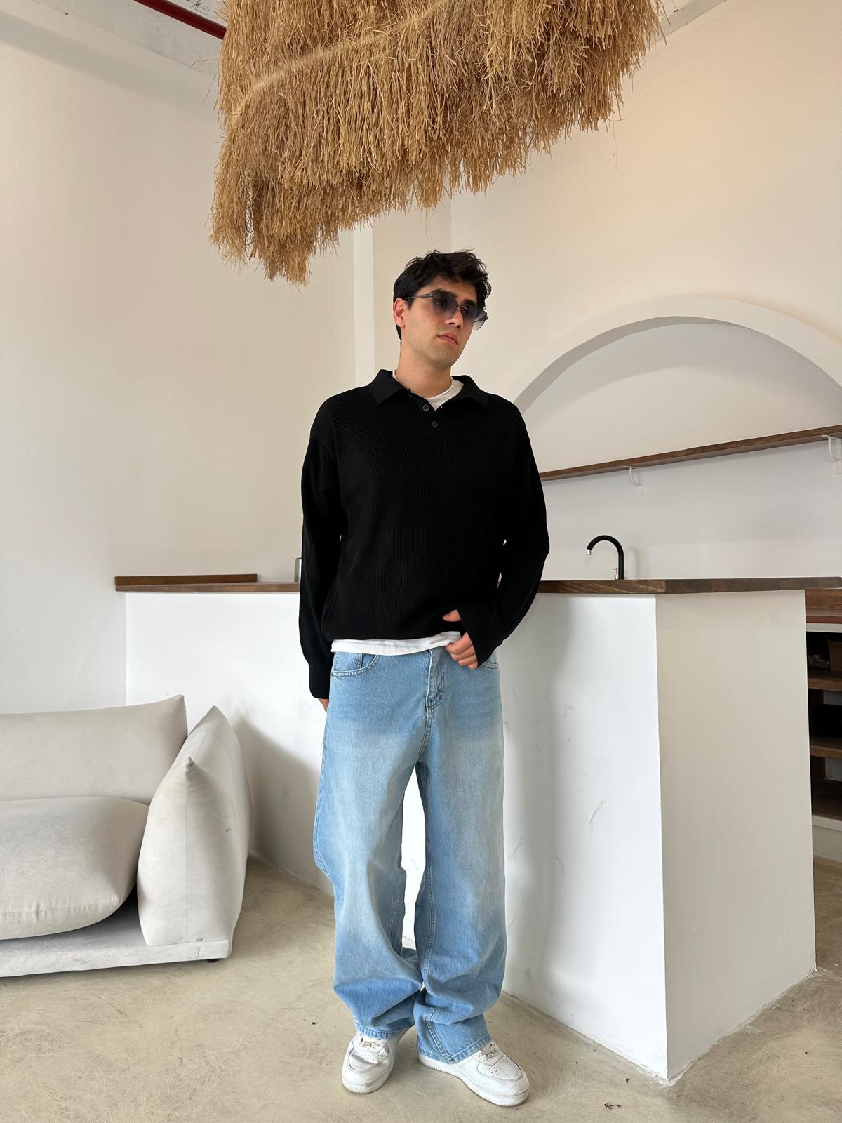 Yaka Düğmeli Triko Sweatshirt