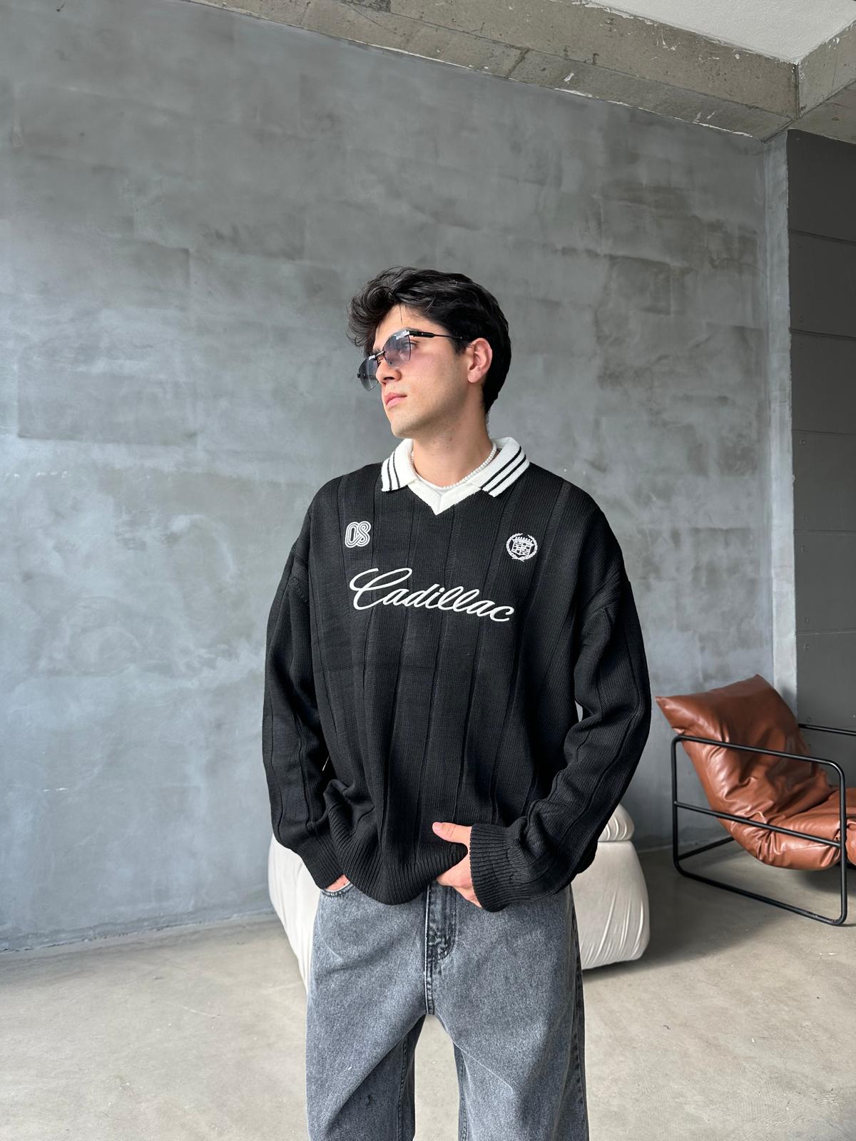 Nakışlı Polo Yaka Triko - Siyah