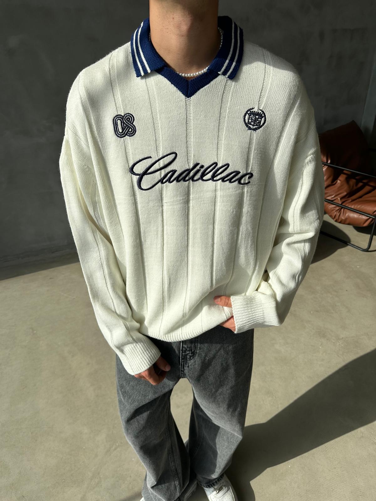 Nakışlı Polo Yaka Triko - Beyaz