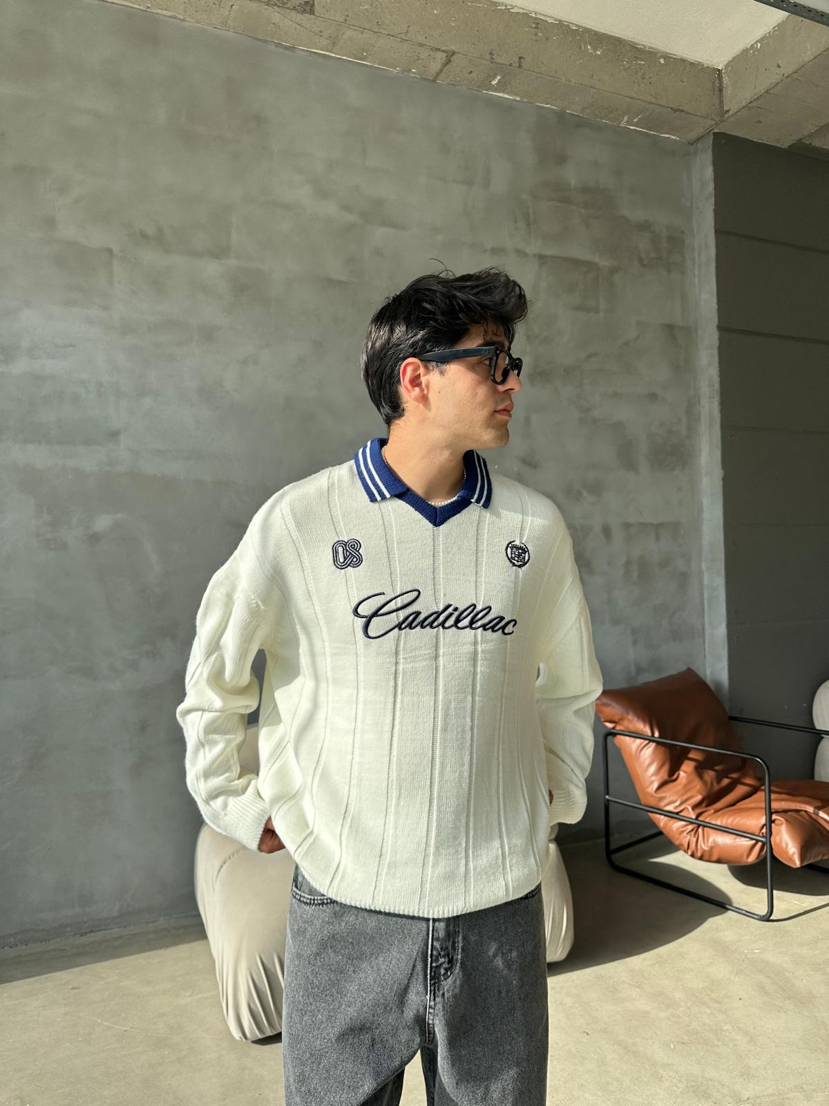 Nakışlı Polo Yaka Triko - Beyaz