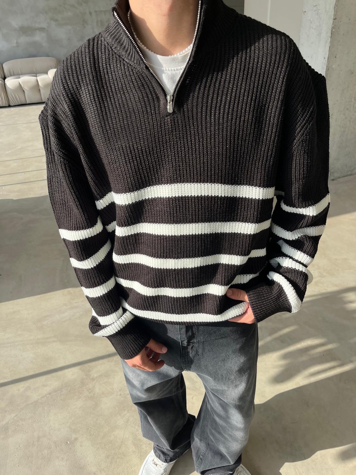 Çizgili Yarım Fermuarlı Triko Sweatshirt - Siyah