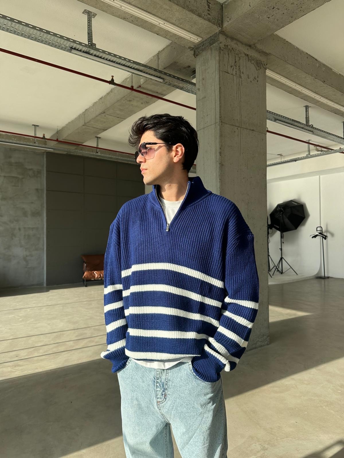 Çizgili Yarım Fermuarlı Triko Sweatshirt - Lacivert