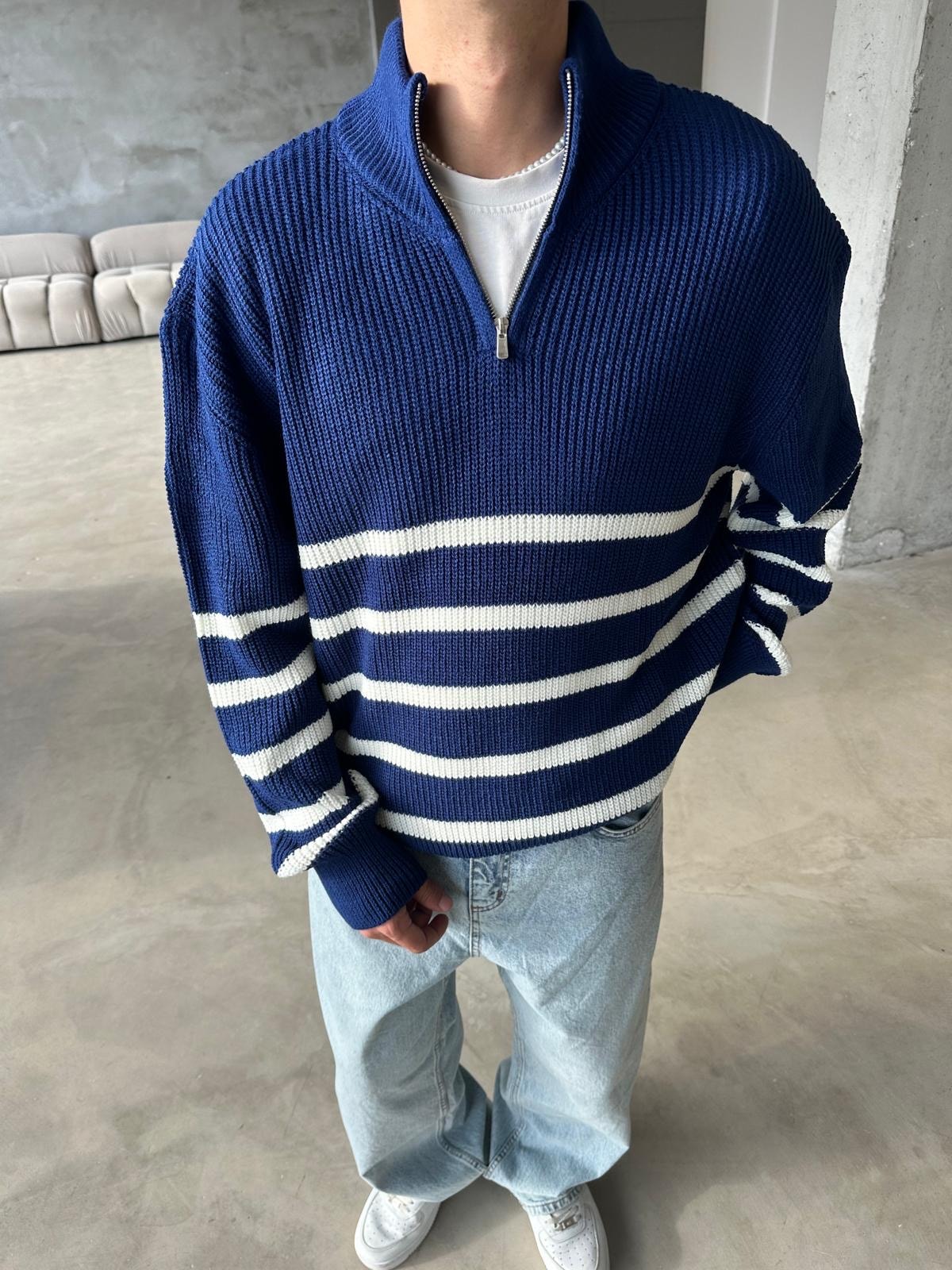 Çizgili Yarım Fermuarlı Triko Sweatshirt - Lacivert