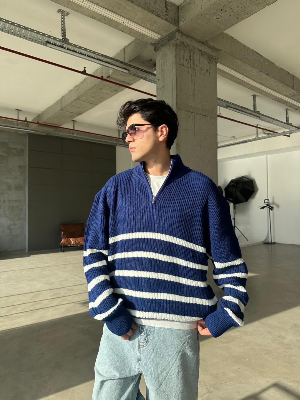 Çizgili Yarım Fermuarlı Triko Sweatshirt - Lacivert
