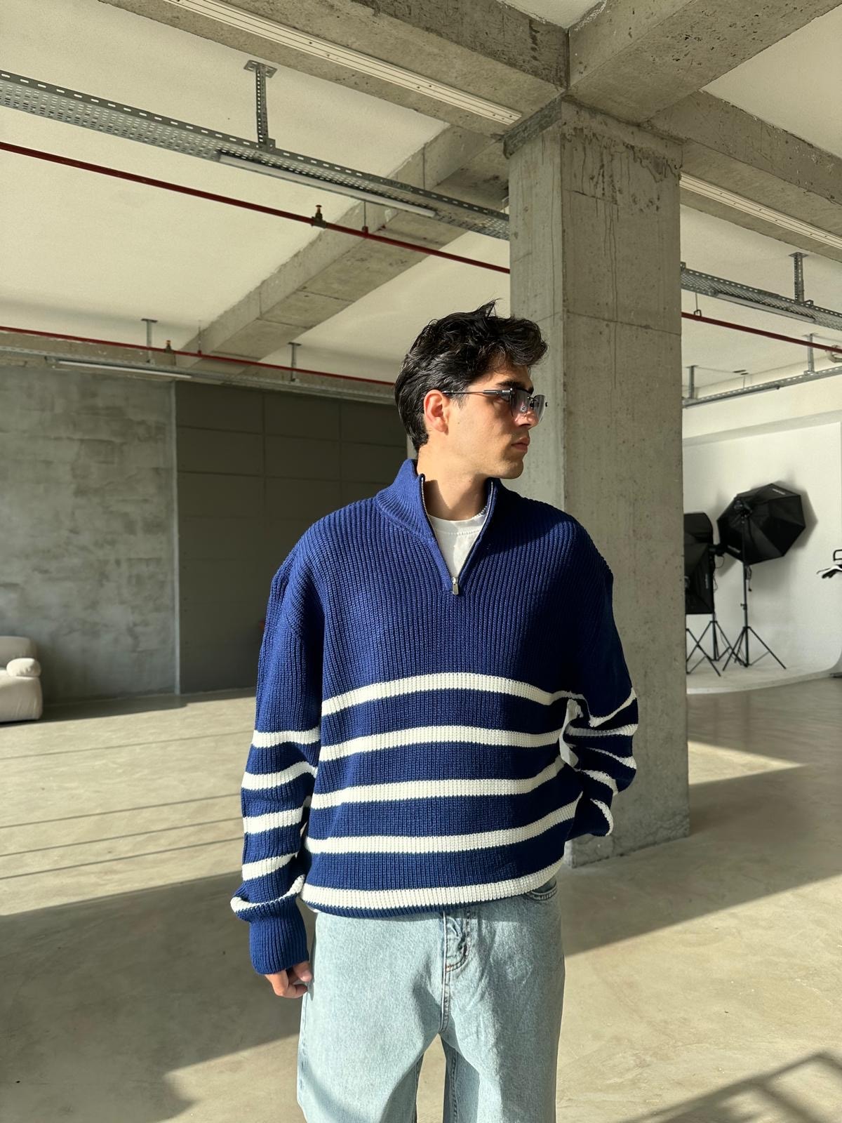 Çizgili Yarım Fermuarlı Triko Sweatshirt - Lacivert