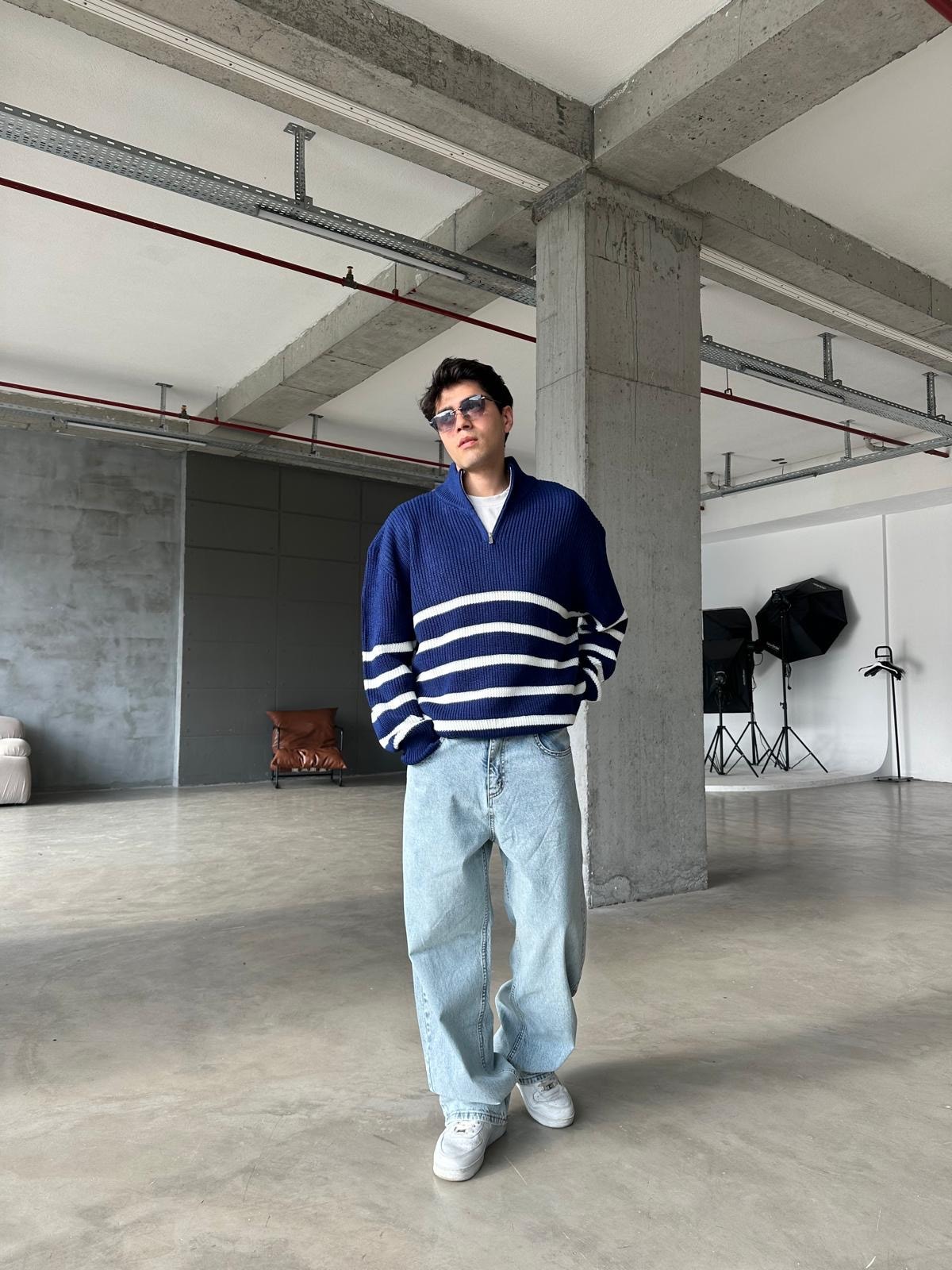 Çizgili Yarım Fermuarlı Triko Sweatshirt - Lacivert