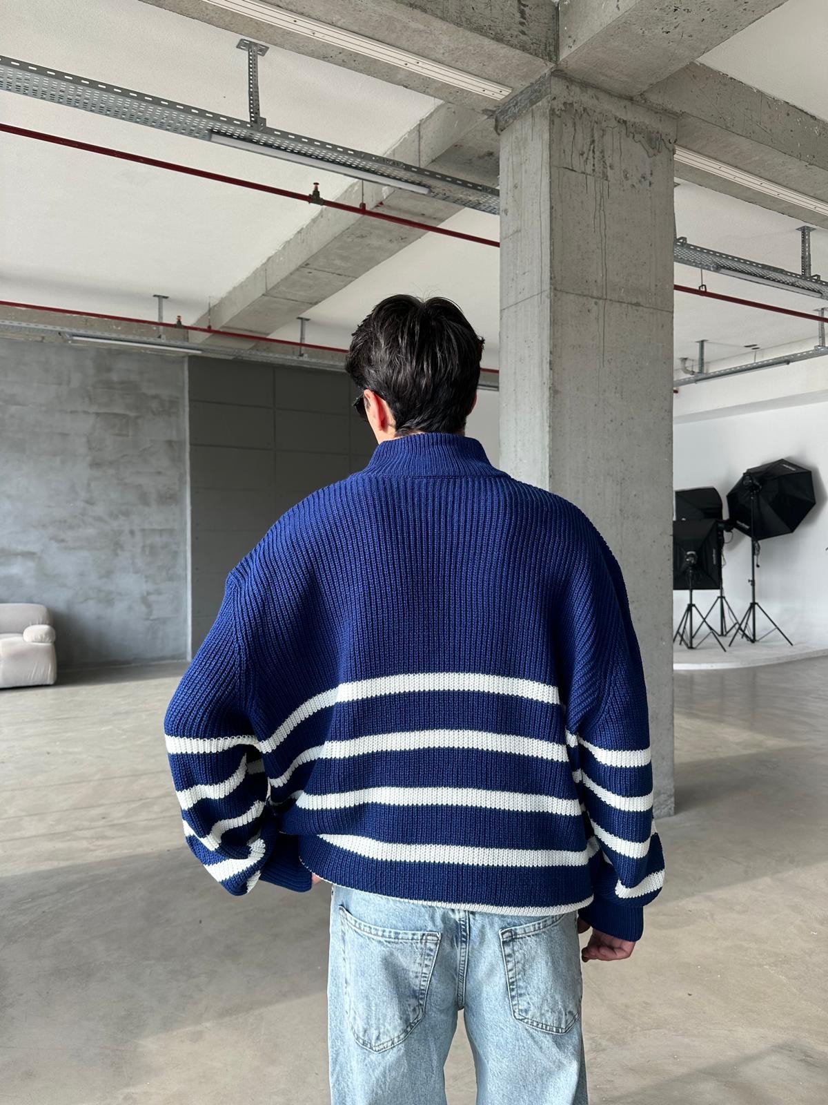 Çizgili Yarım Fermuarlı Triko Sweatshirt - Lacivert