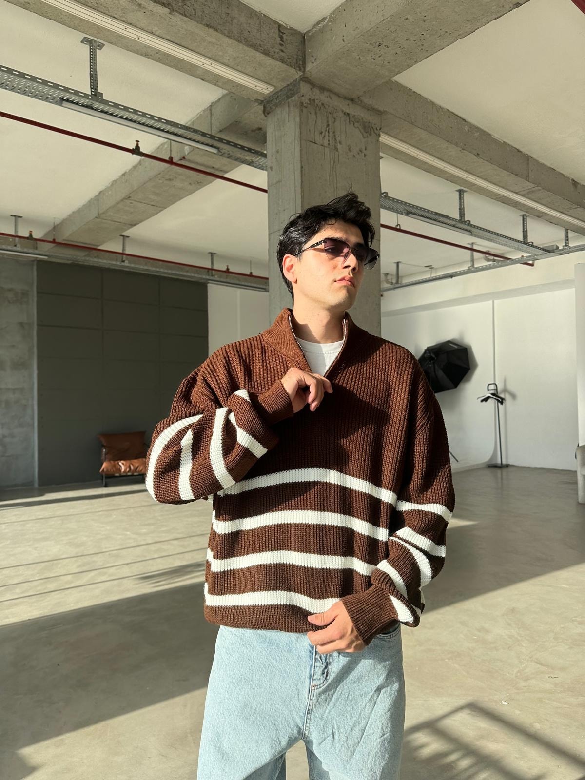 Çizgili Yarım Fermuarlı Triko Sweatshirt - Kahve