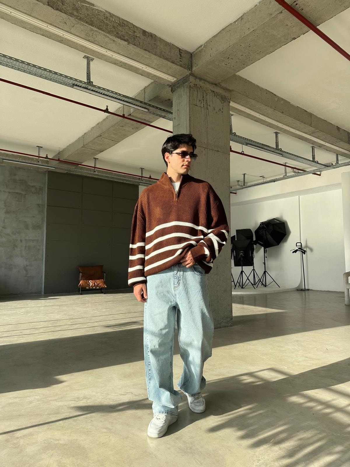 Çizgili Yarım Fermuarlı Triko Sweatshirt - Kahve