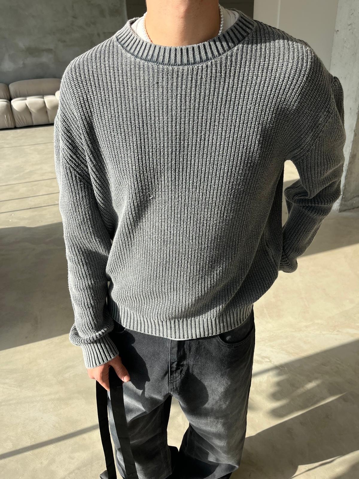 Acid Wash Triko Basic Sweatshirt - Gri
