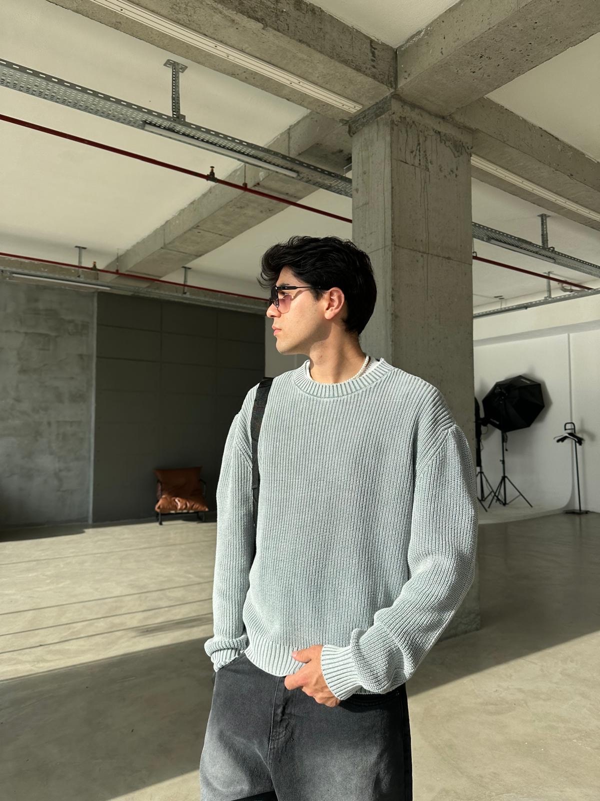 Acid Wash Triko Basic Sweatshirt - Beyaz