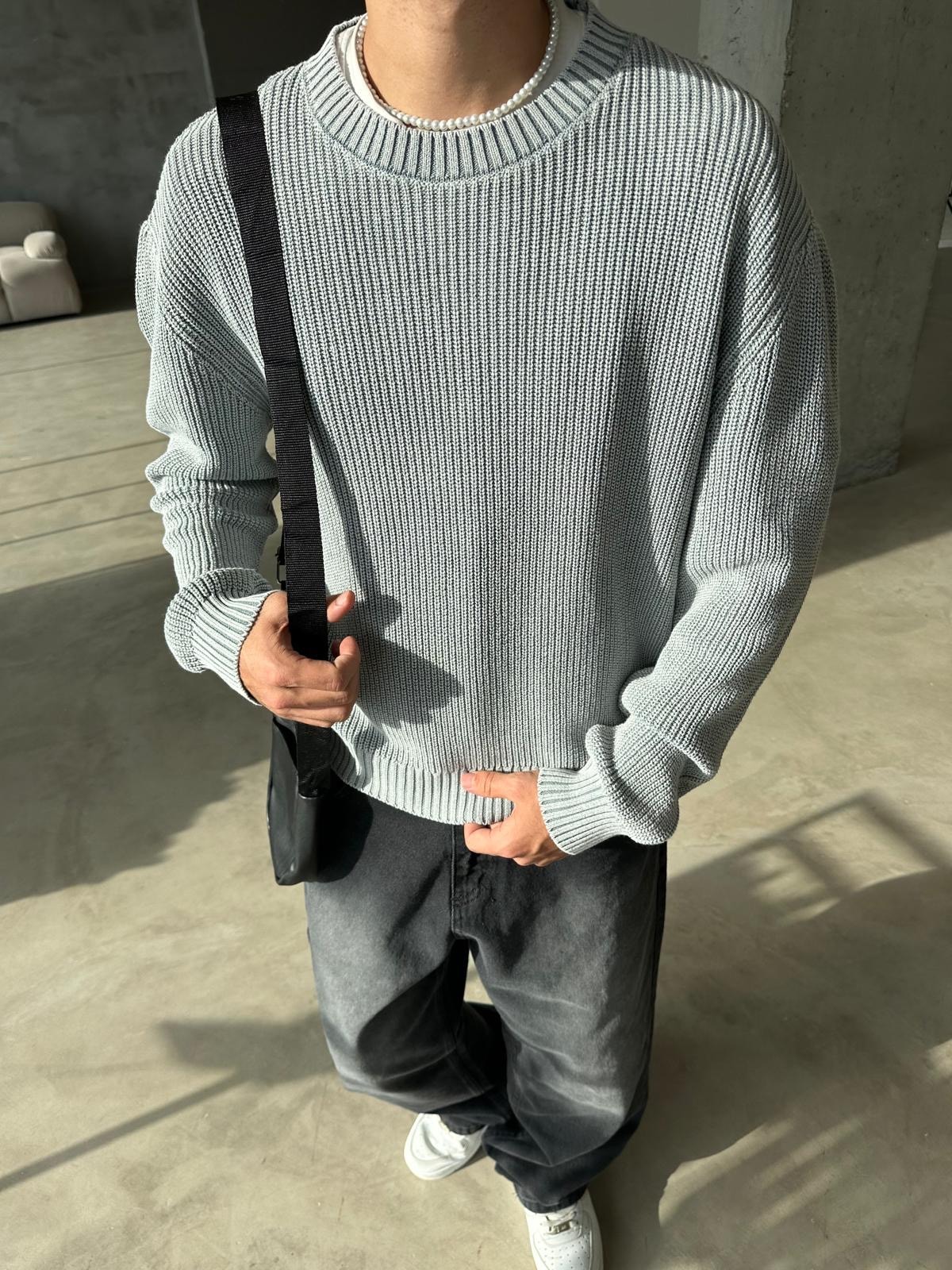 Acid Wash Triko Basic Sweatshirt - Beyaz