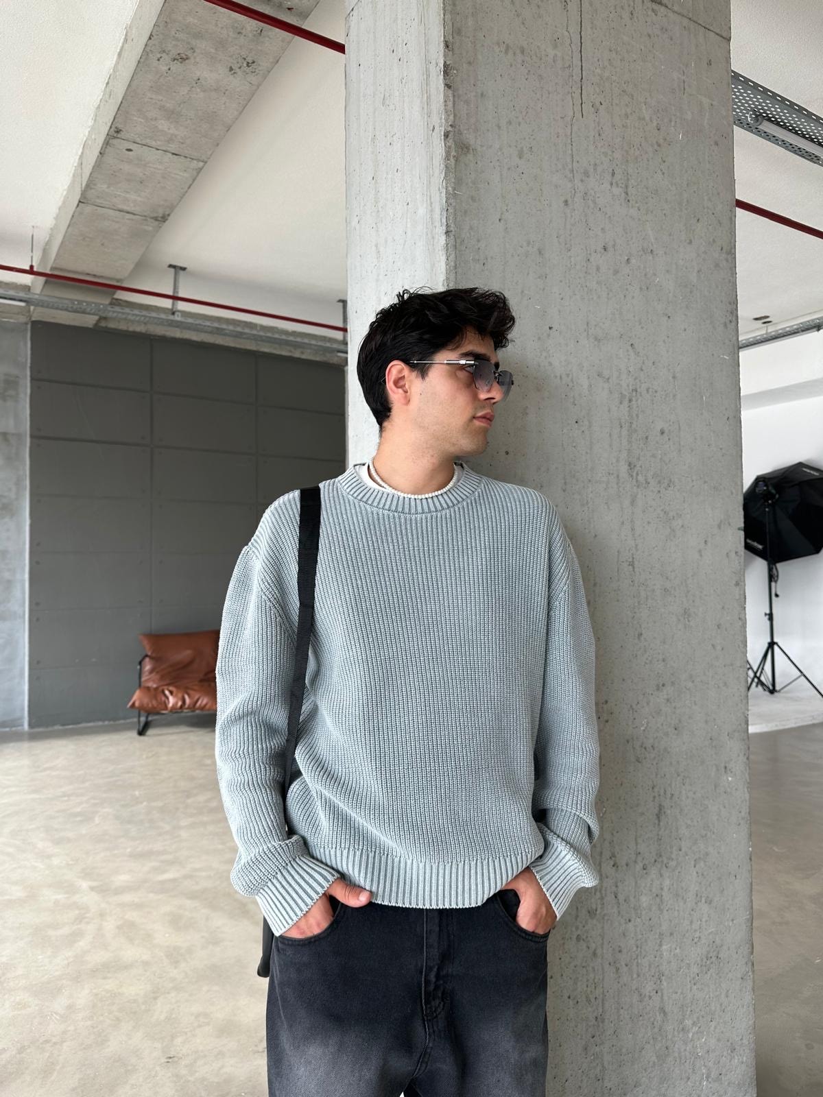 Acid Wash Triko Basic Sweatshirt - Beyaz