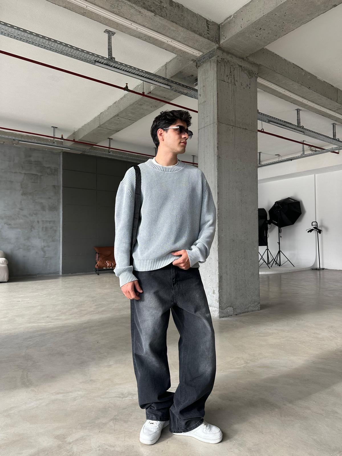 Acid Wash Triko Basic Sweatshirt - Beyaz