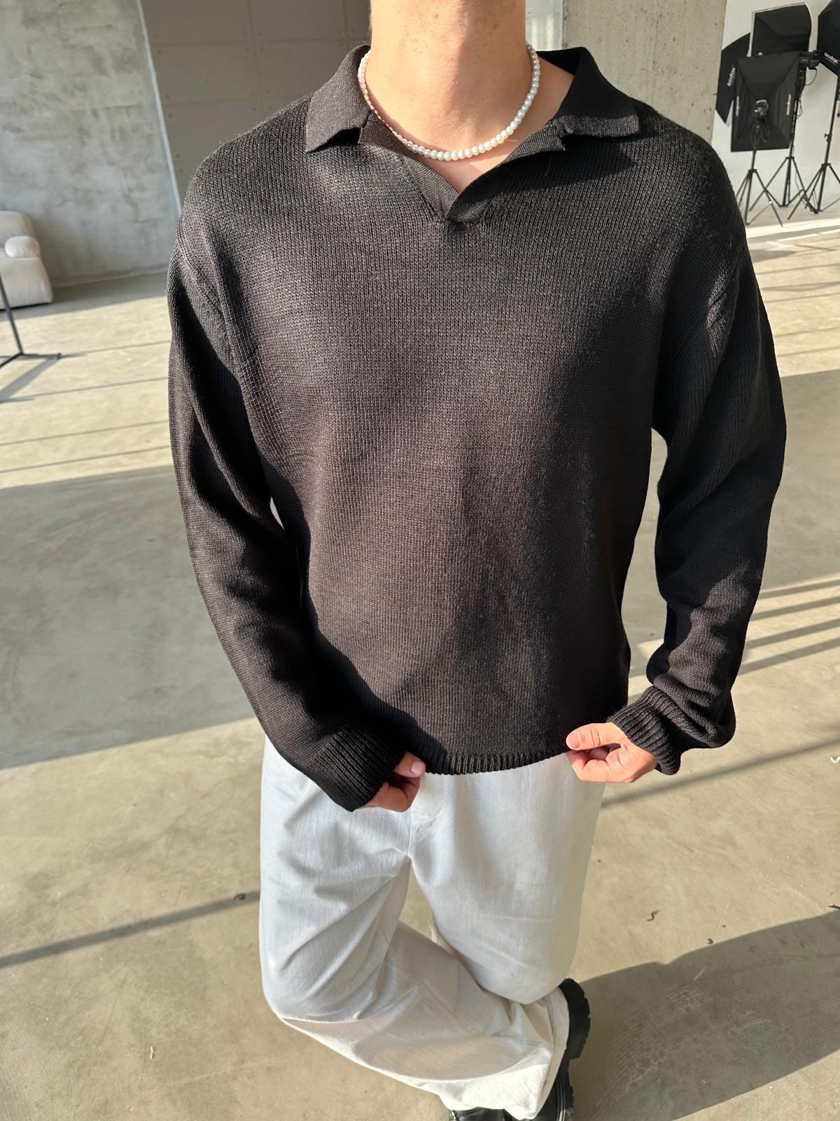 Yaka Detay Triko Sweatshirt - Siyah
