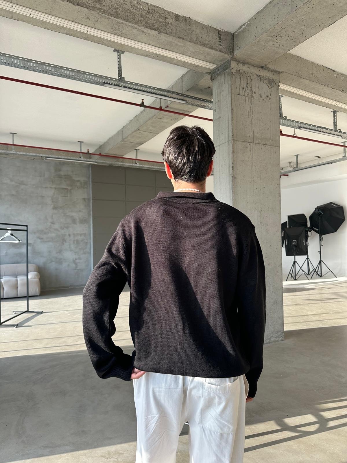 Yaka Detay Triko Sweatshirt - Siyah