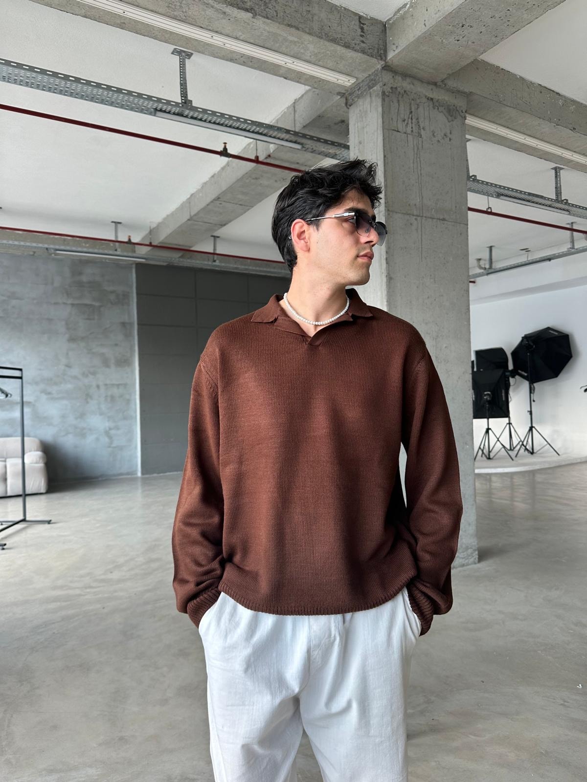 Yaka Detay Triko Sweatshirt - Kahve
