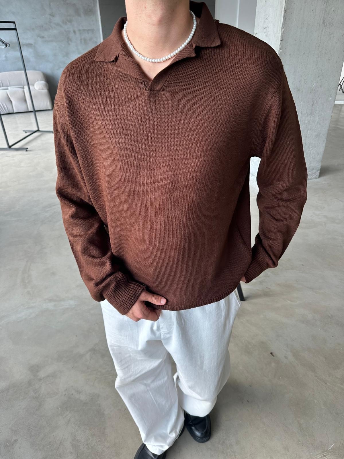 Yaka Detay Triko Sweatshirt - Kahve