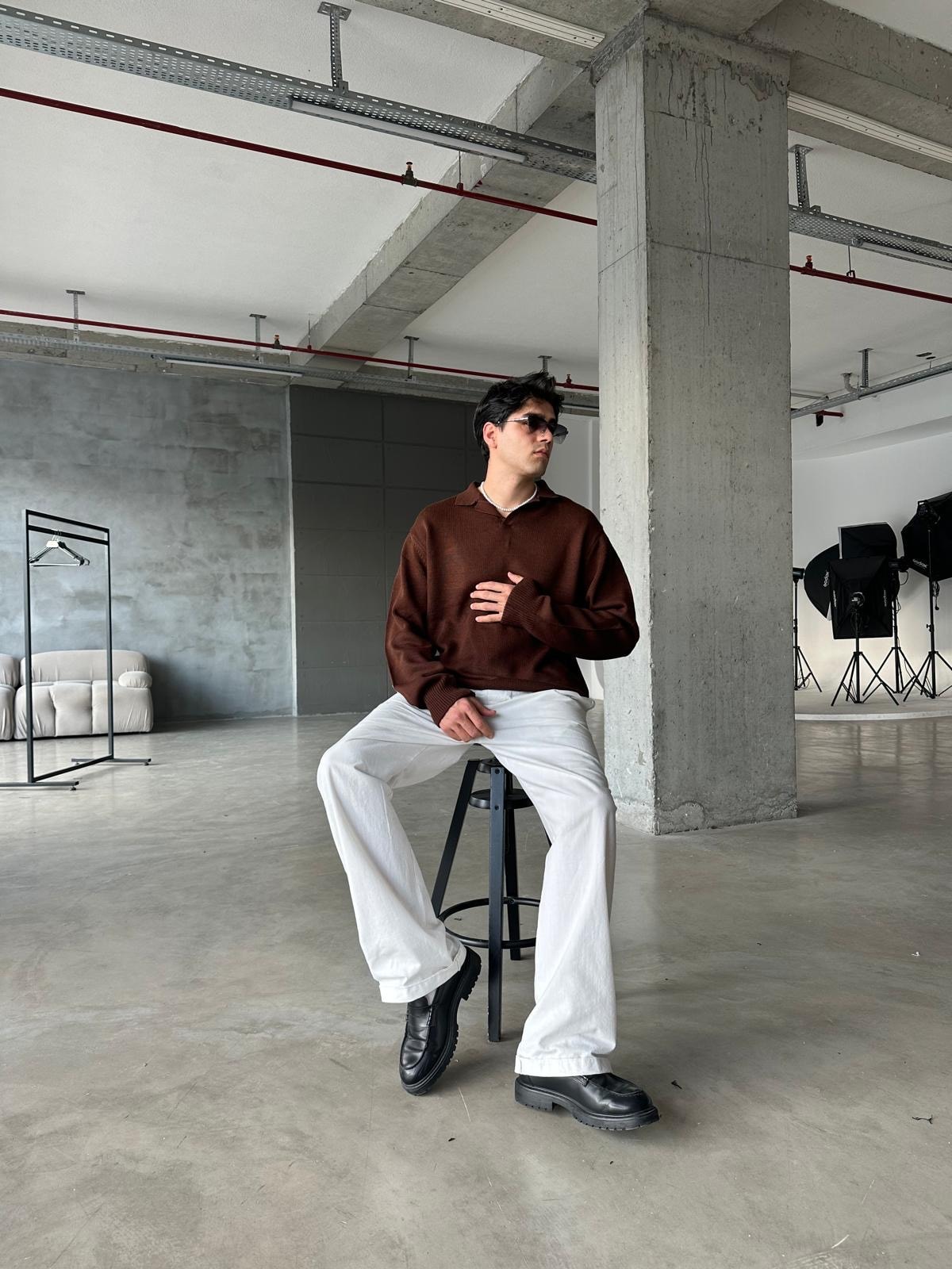Yaka Detay Triko Sweatshirt - Kahve