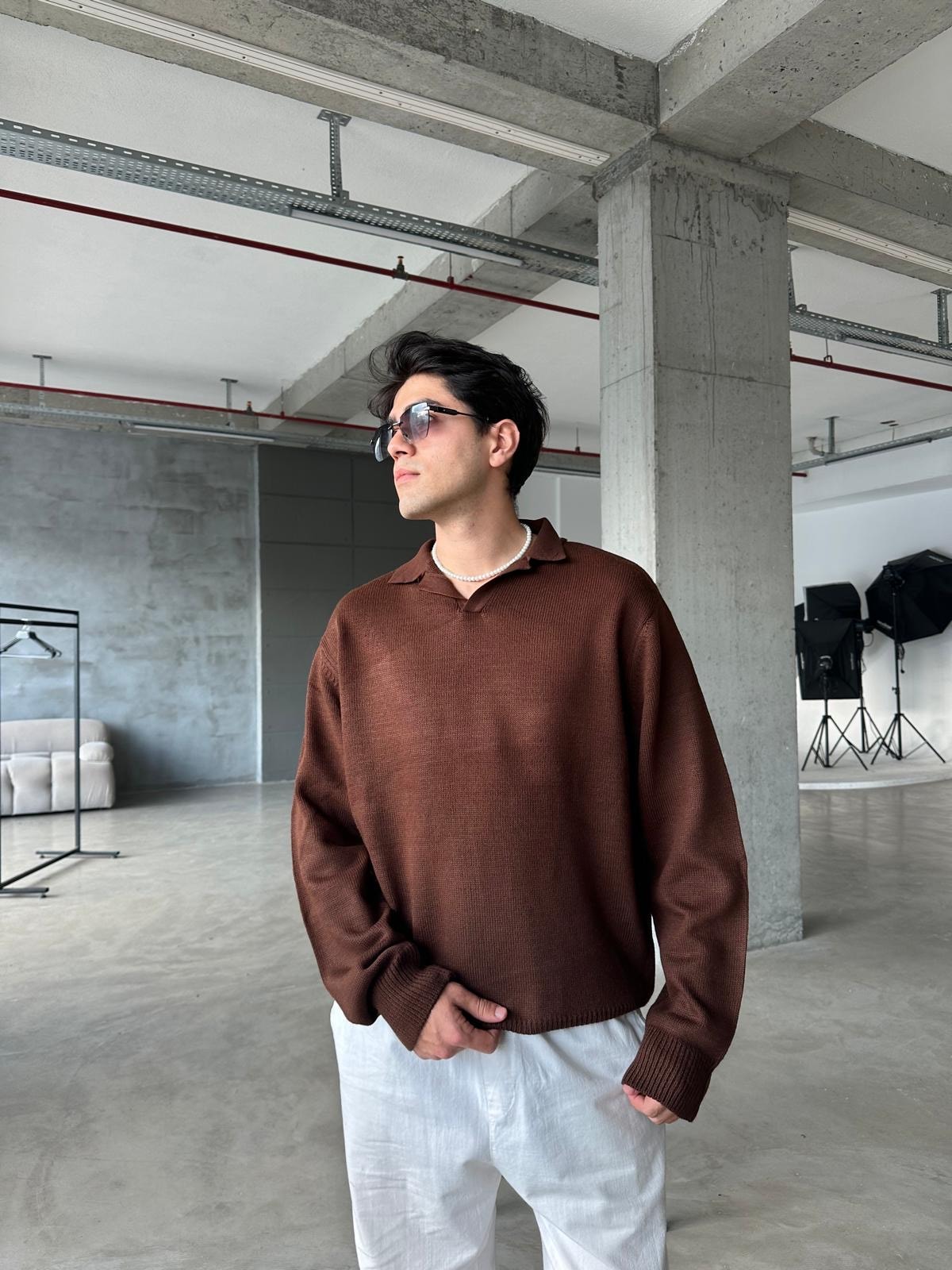 Yaka Detay Triko Sweatshirt - Kahve