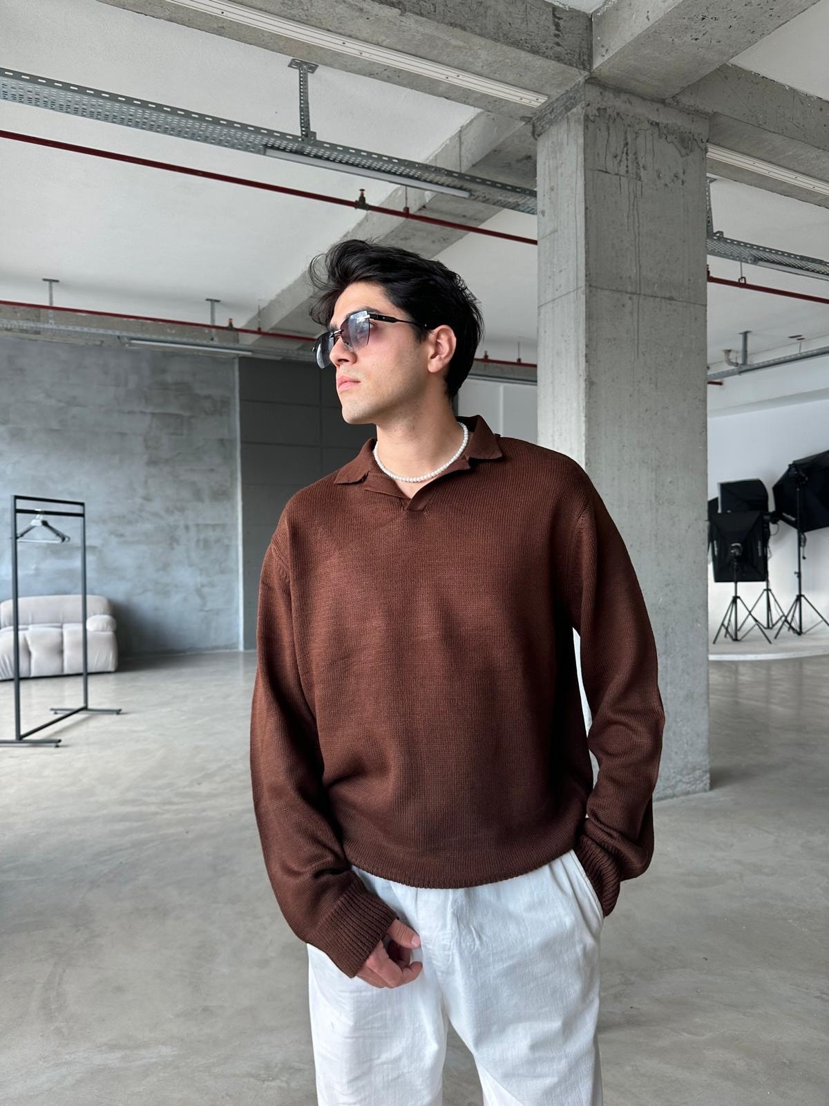 Yaka Detay Triko Sweatshirt - Kahve