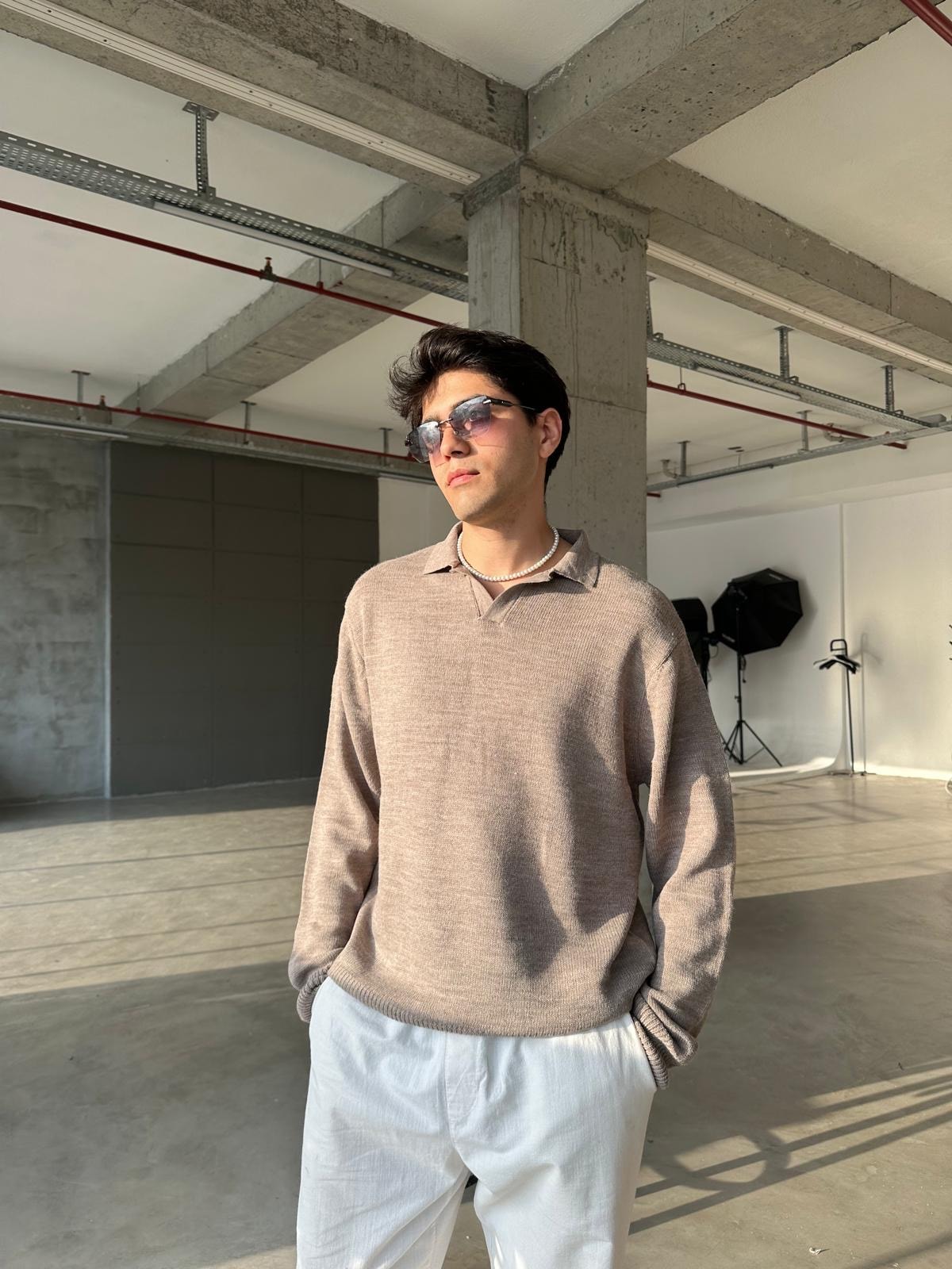 Yaka Detay Triko Sweatshirt - Bej