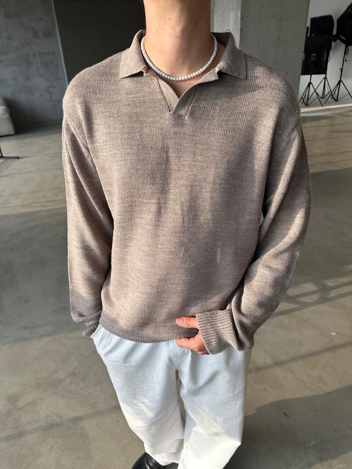 Yaka Detay Triko Sweatshirt - Bej