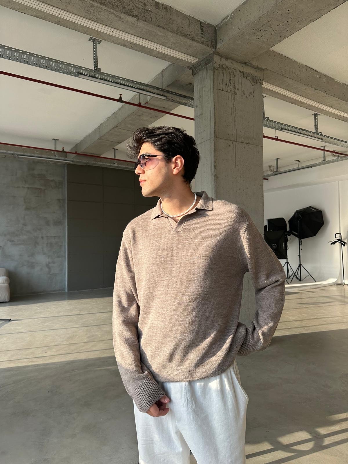 Yaka Detay Triko Sweatshirt - Bej