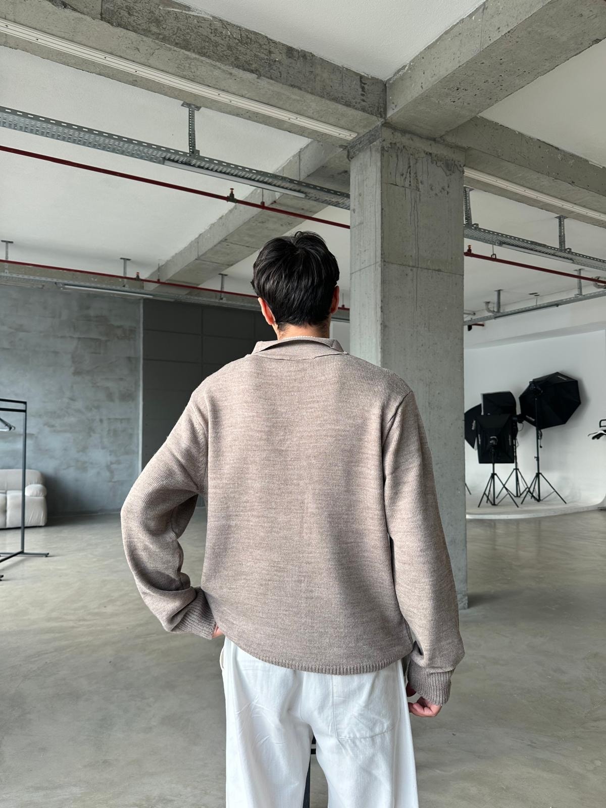 Yaka Detay Triko Sweatshirt - Bej