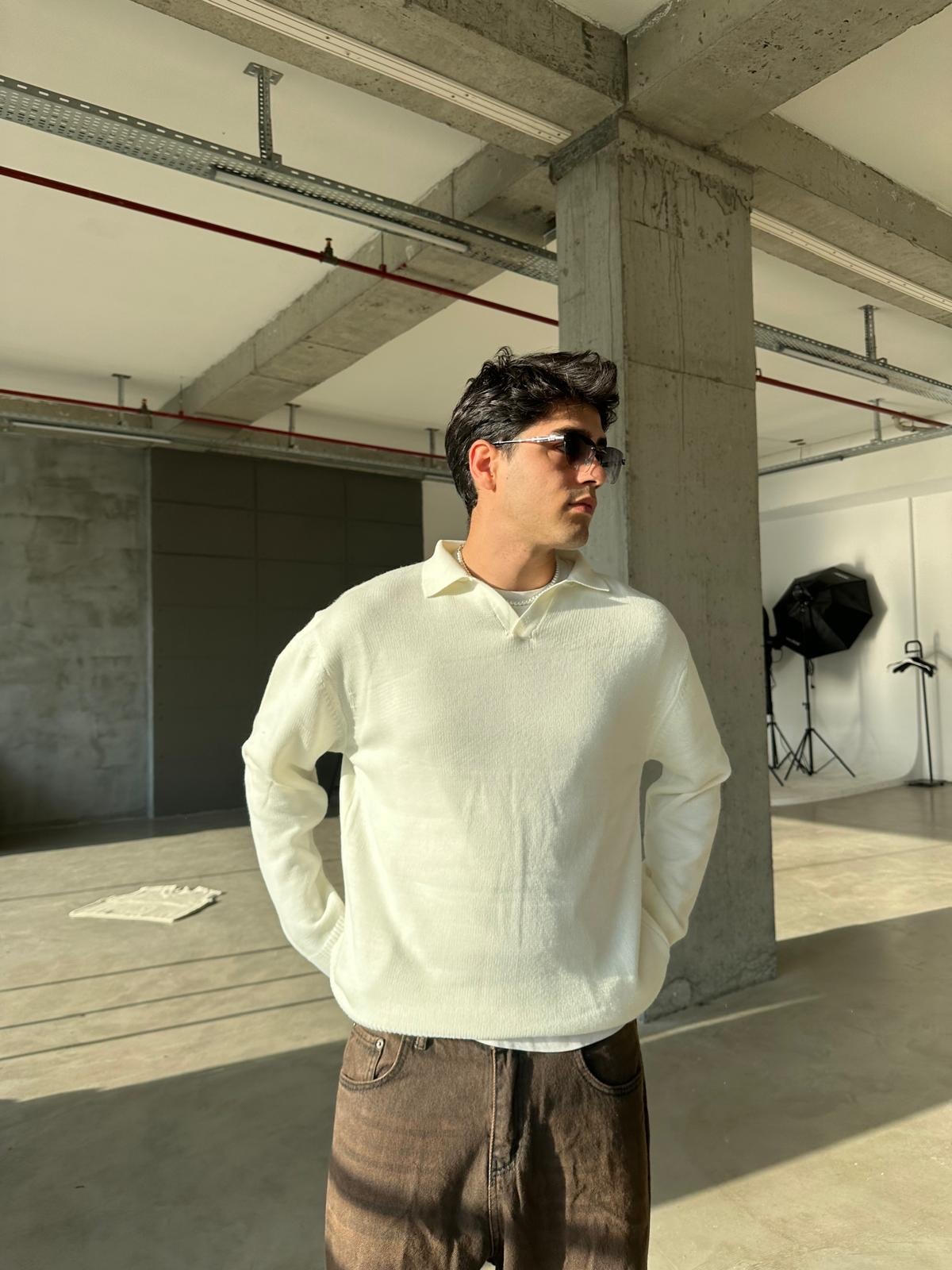 Yaka Detay Triko Sweatshirt - Beyaz