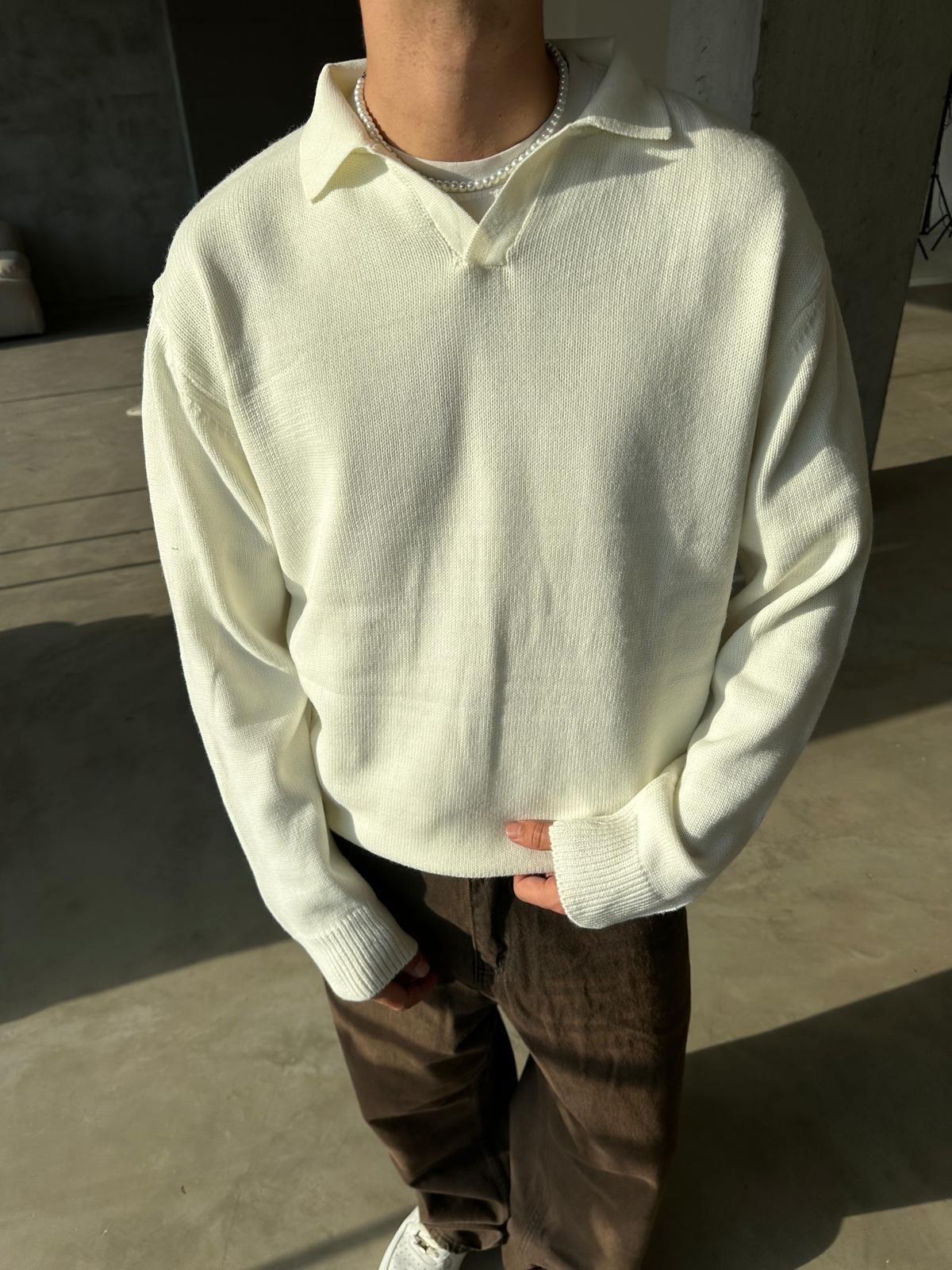 Yaka Detay Triko Sweatshirt - Beyaz