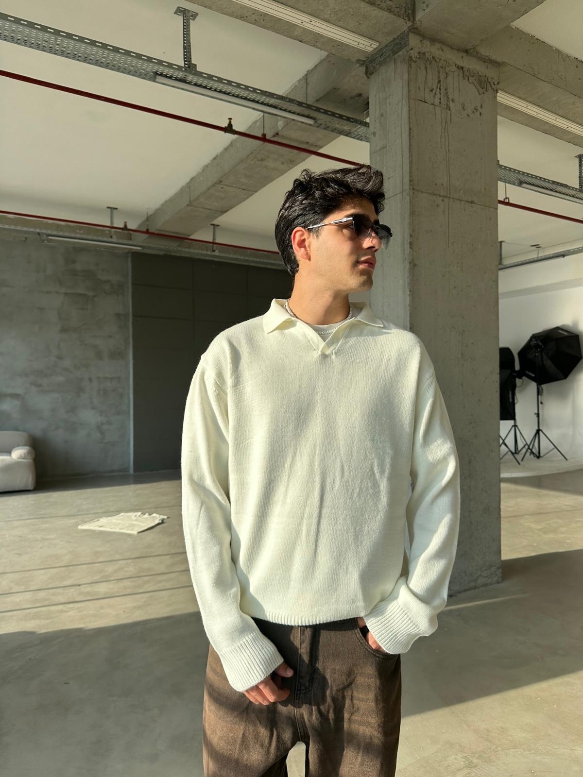 Yaka Detay Triko Sweatshirt - Beyaz