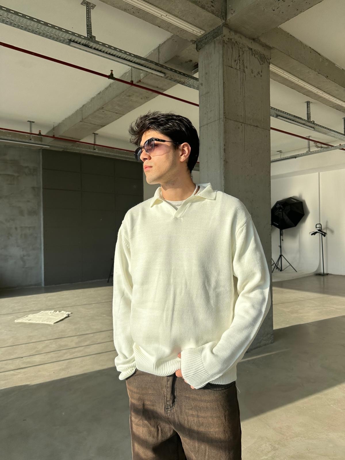 Yaka Detay Triko Sweatshirt - Beyaz