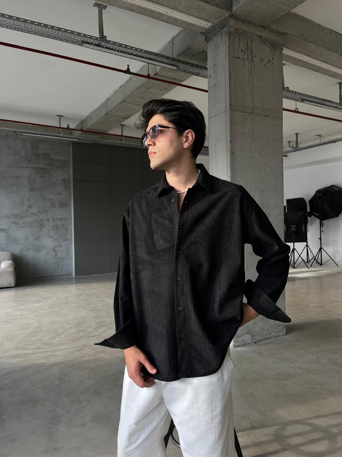 Kadife Oversize Premium Gömlek - Siyah