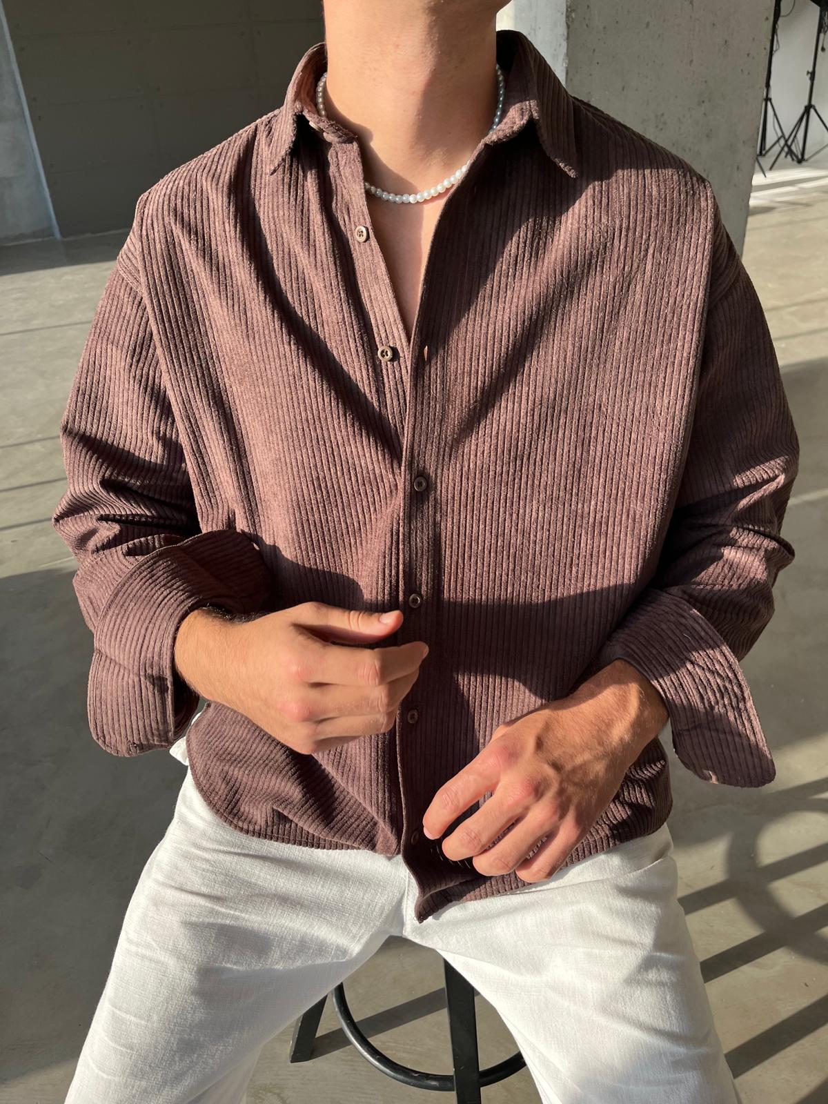 Kadife Oversize Premium Gömlek - Kahve