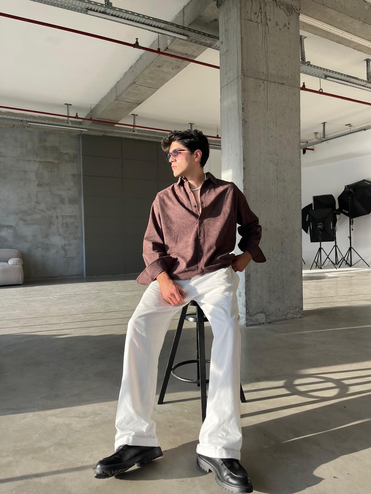 Kadife Oversize Premium Gömlek - Kahve