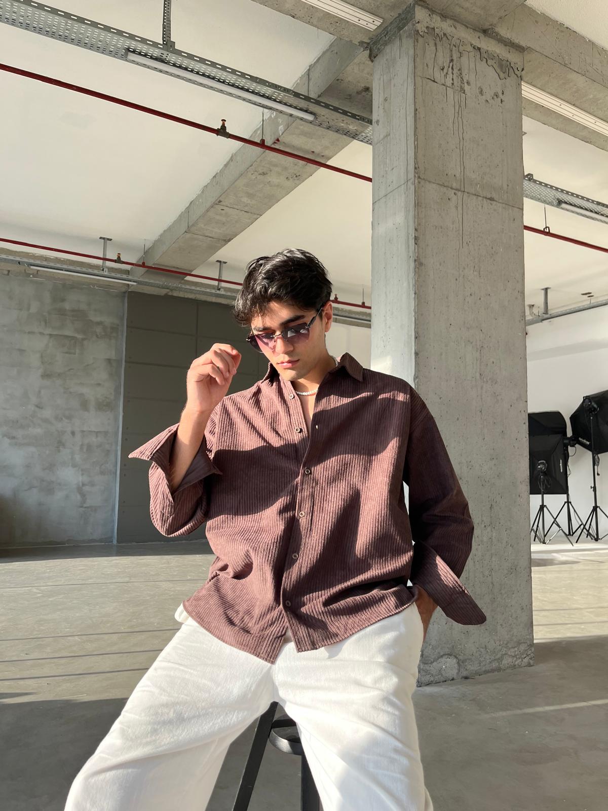 Kadife Oversize Premium Gömlek - Kahve