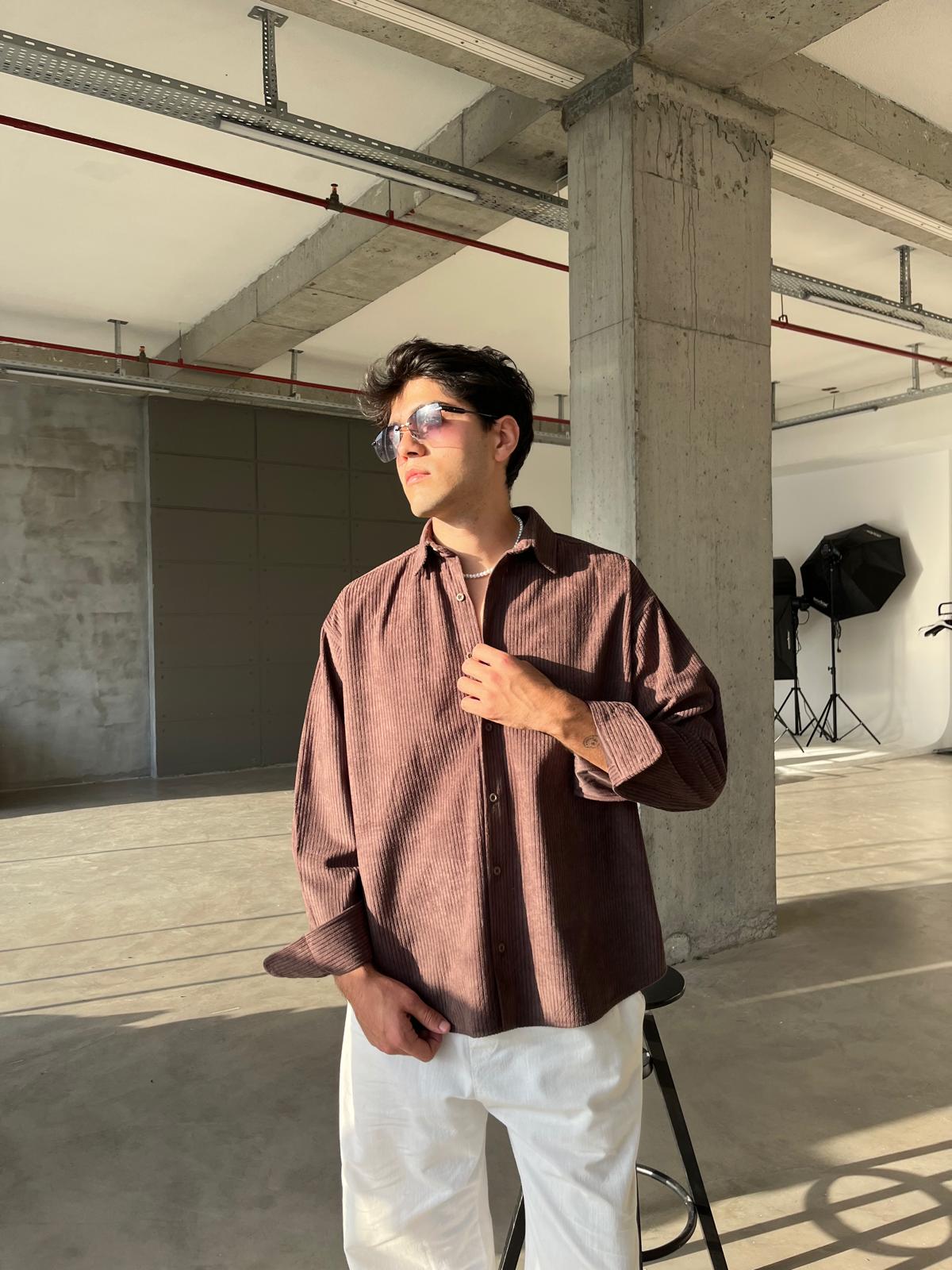 Kadife Oversize Premium Gömlek - Kahve