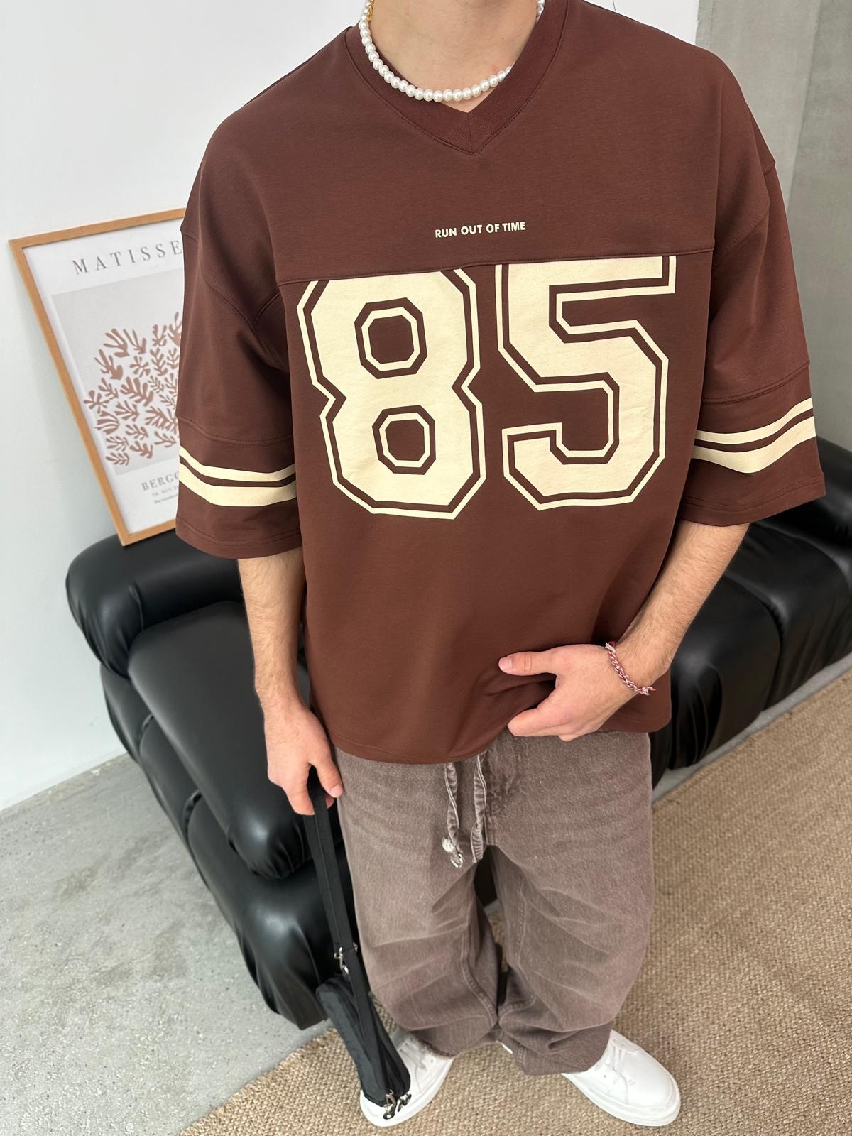 Run Of 85 Baskılı Oversize Kahve T-Shirt