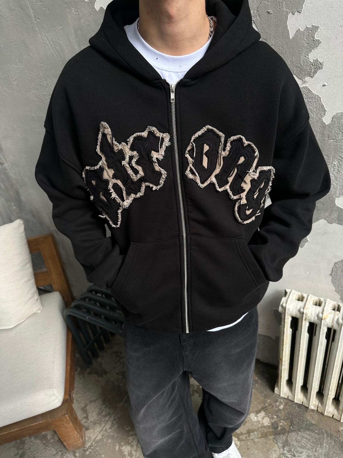 Strong Nakışlı Siyah Oversize Zip-Hoodie