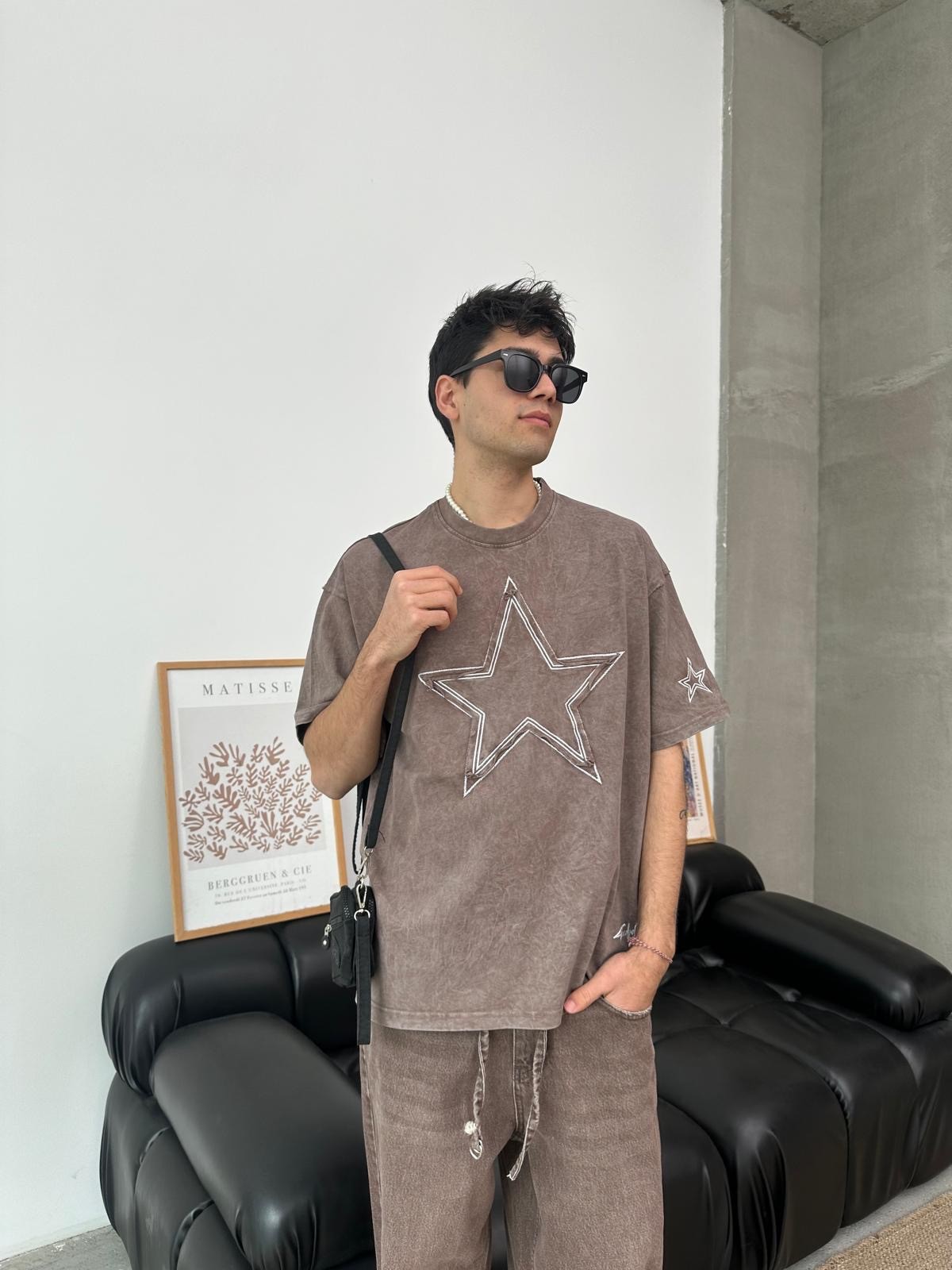 Star Detail Kahve Oversize T-Shirt