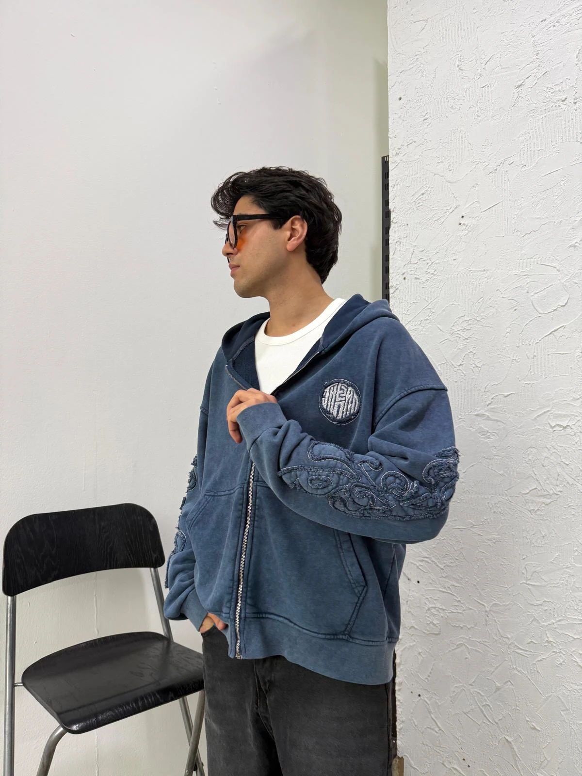 Kol Patch Detay Washed Blue Diyagonel Zip Hoodie