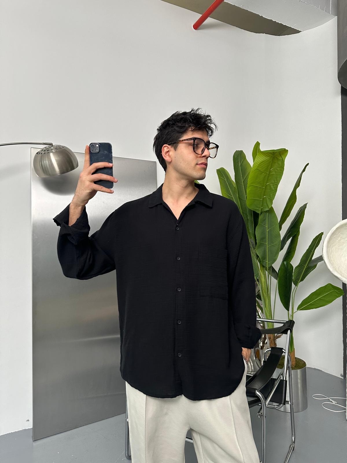 Cepli Müslim Oversize Siyah Gömlek