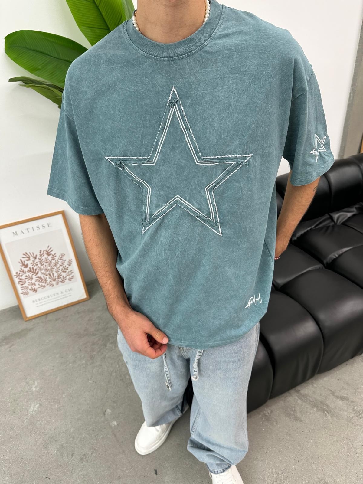 Star Detail Yeşil Oversize T-Shirt