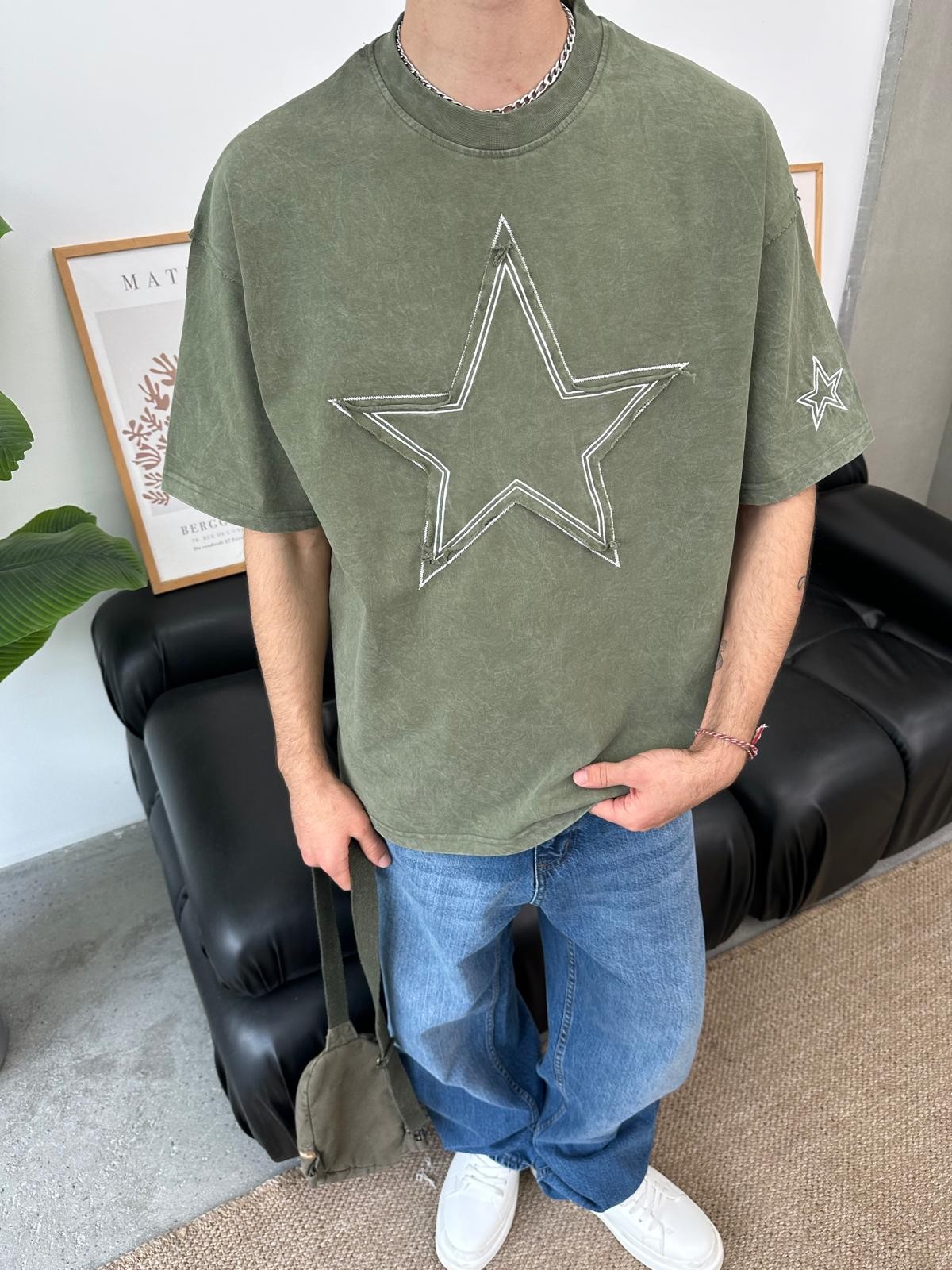 Star Detail Haki Oversize T-Shirt 