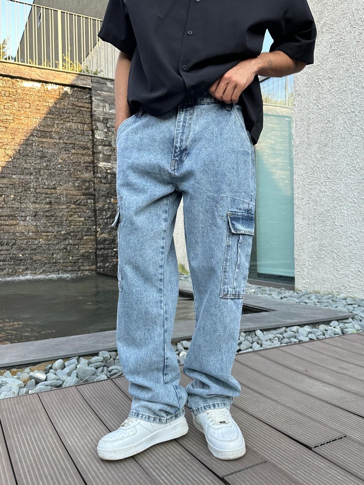 Kargo Cepli Mavi Baggy Pantolon