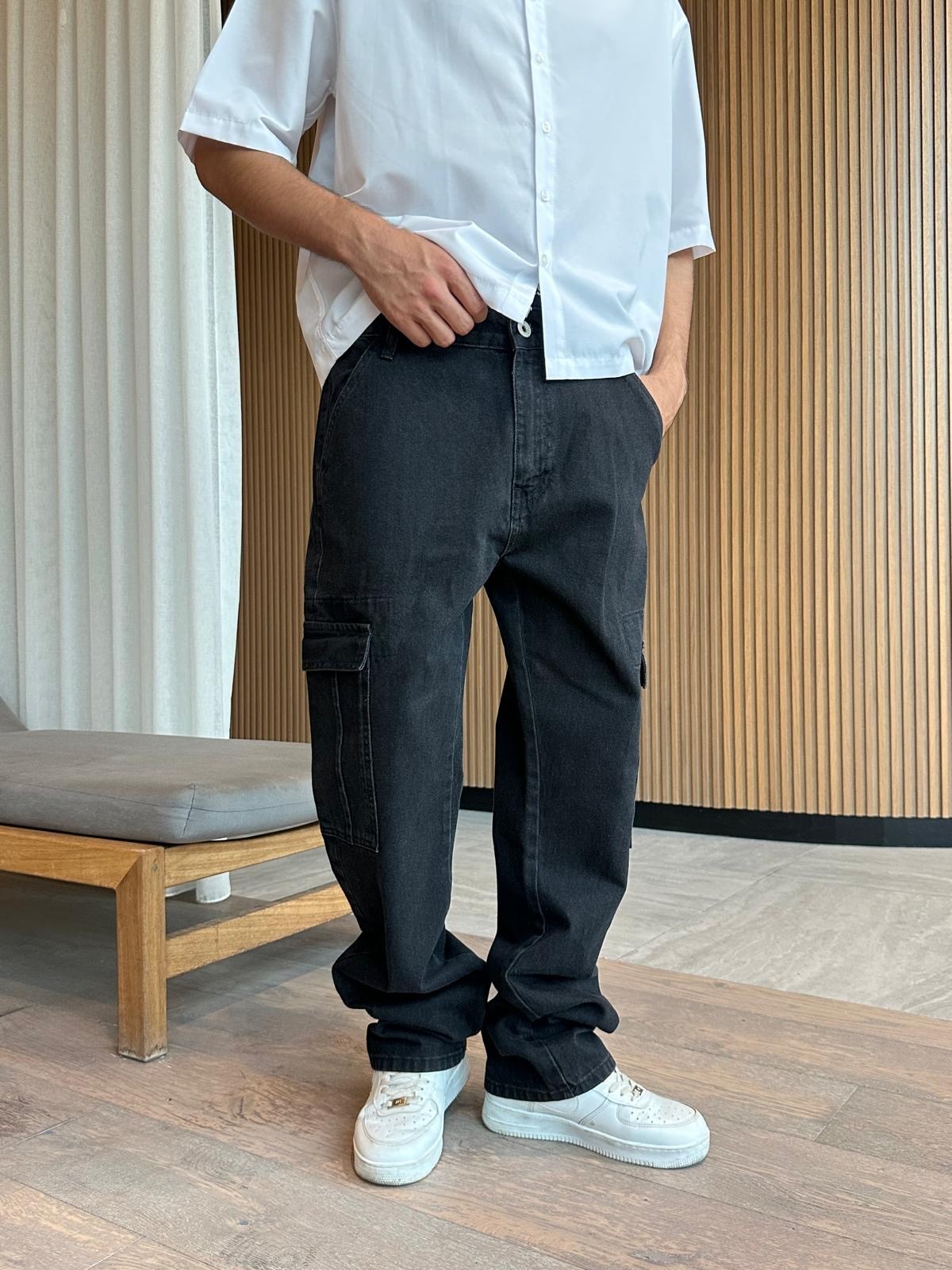 Kargo Cepli Siyah Baggy Pantolon