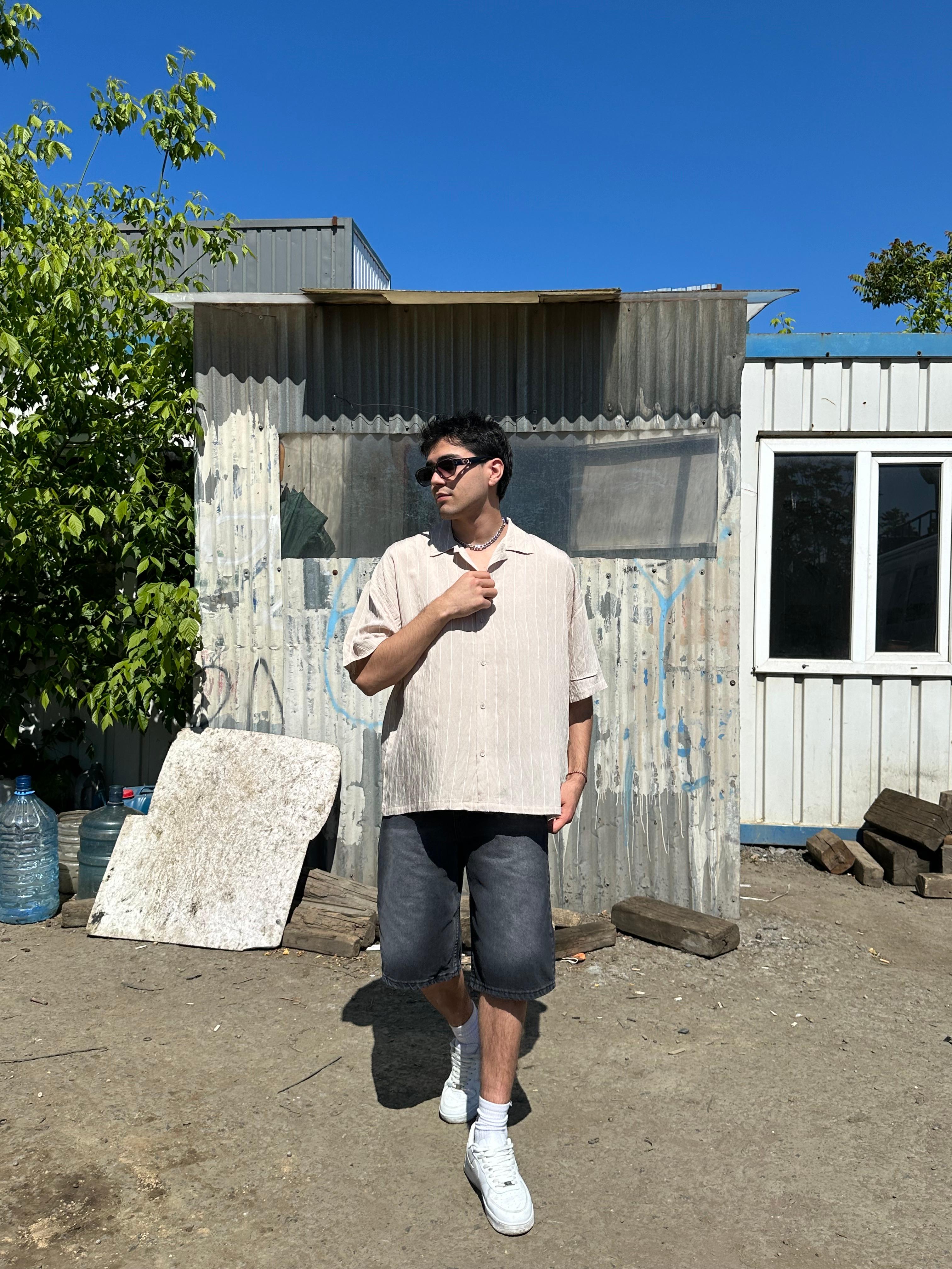 Sand Beyaz Çizgili Bej Oversize Gömlek